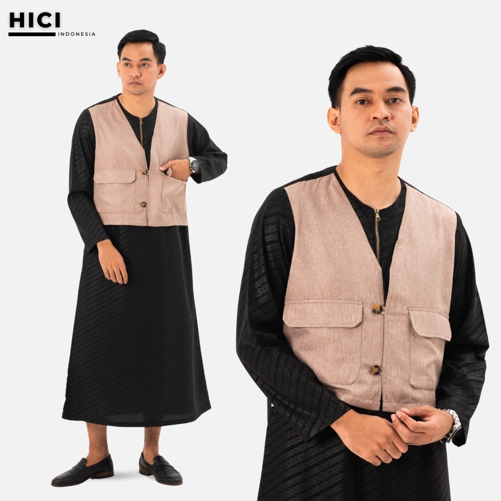 Hici Gamis Pria Muslim Jubah Rompi Lengan Panjang Warna Hitam Embos Batik
