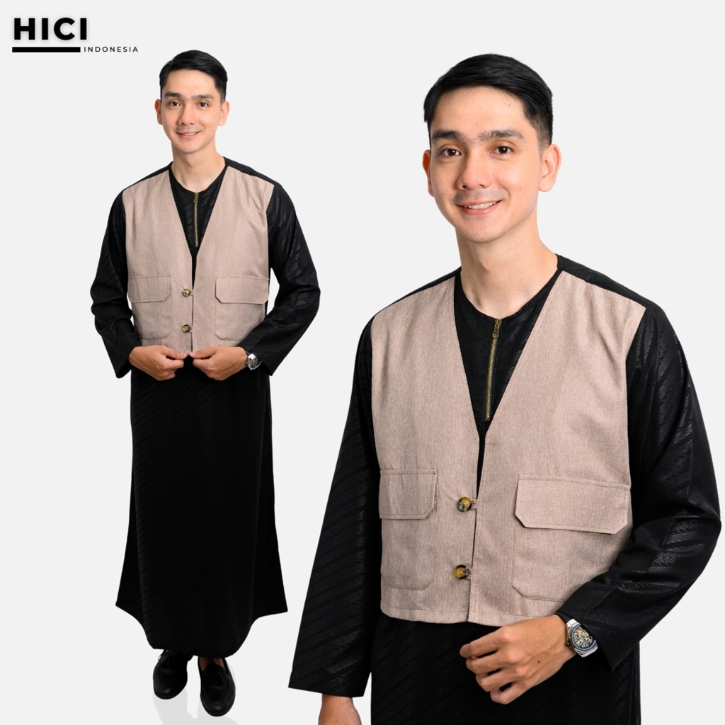 Hici Gamis Rompi Bungur Pria Muslim Menyatu Rompi  Bahan Wolfis embos Batik