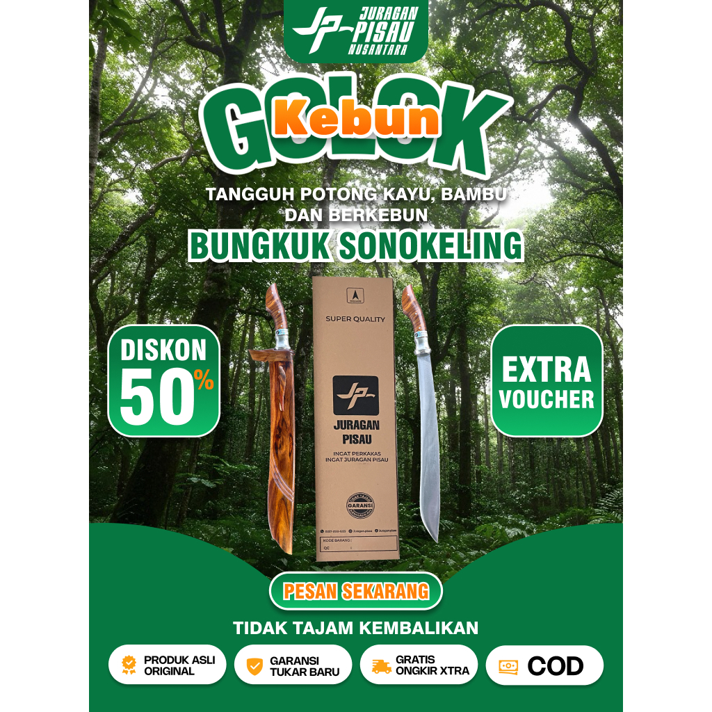 Golok Pisau Kebun Panjang Potong Kayu dan Bambu Bahan Baja Sup9 | Golok Bungkuk Sonokeling