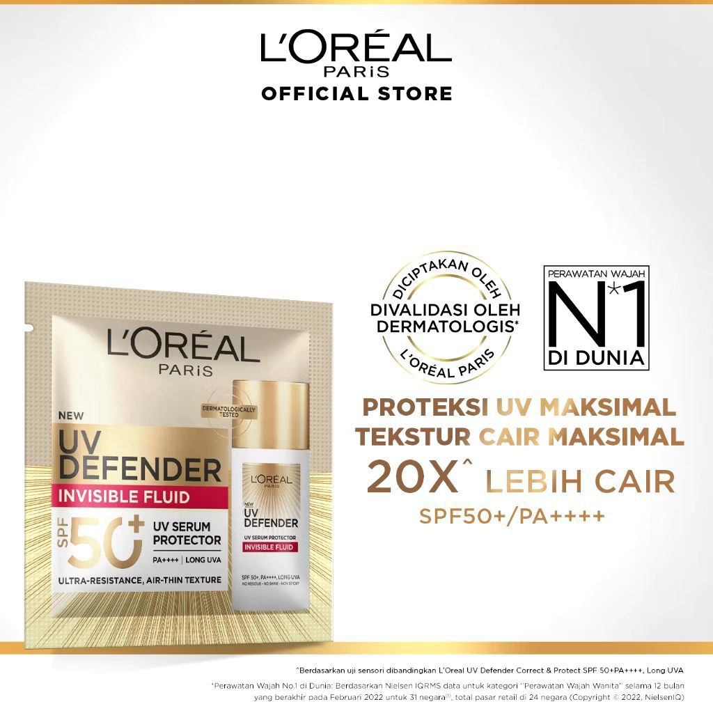 LOREAL Sunscreen Saset 1,5ml SPF 50PA++++ | UV DEFENDER INVISIBLE RESIST DAILY SUNSCREEN