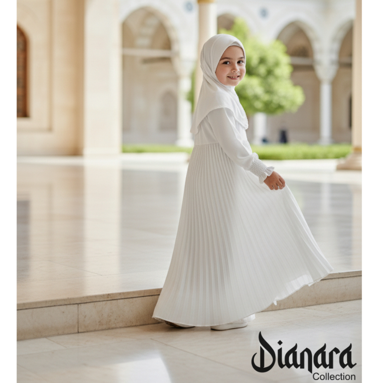 DIANARA GAMIS ANAK | Gamis + Hijab Putih Plisket Luna Series Usia 1-12 Tahun