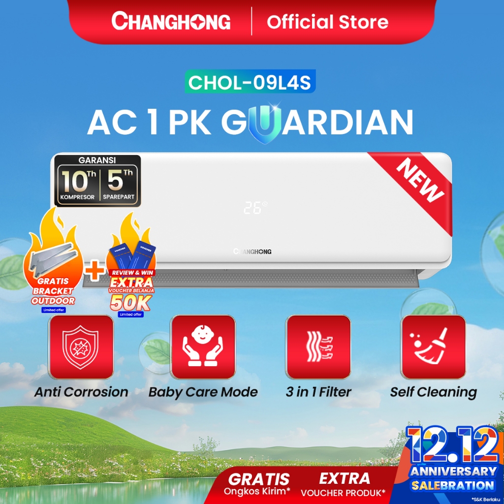 [FREE BRACKET OUTDOOR] NEW PRODUCT CHANGHONG AC 1PK GUARDIAN SERIES STANDARD CHOL-09L4S [INDOOR + OU