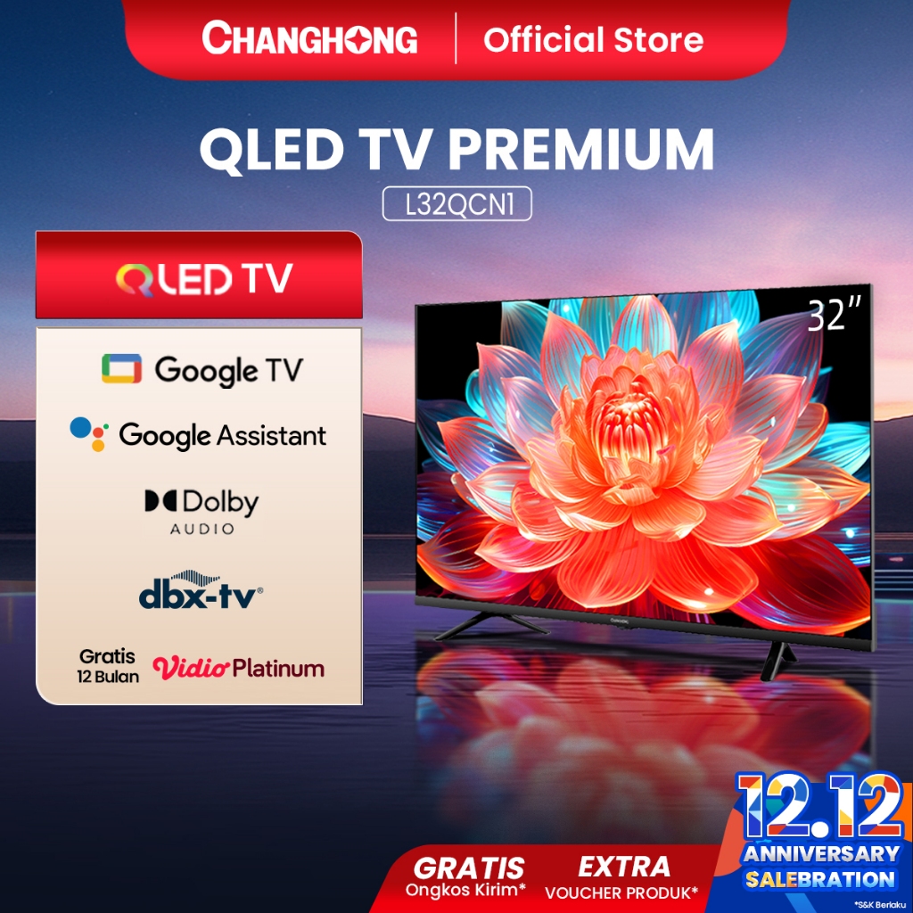Changhong QLED TV 32 inch HD Dolby Audio Google Play Netflix Youtube Bluetooth USB Google Assistant 