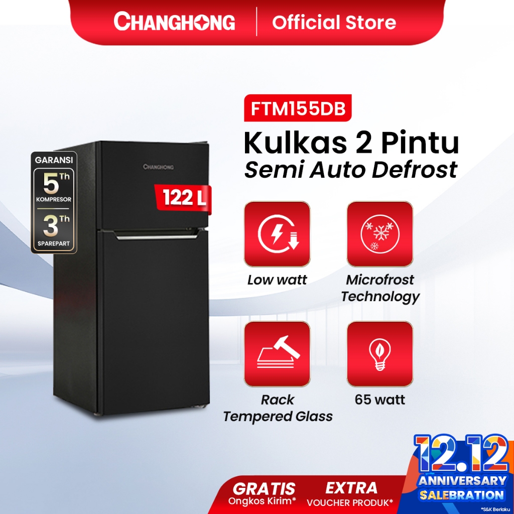 [BEST CHOICE] Changhong  Kulkas 2 Pintu  (Refrigerator) Lemari Es  Kapasitas 122 Liter FTM155DB Blac