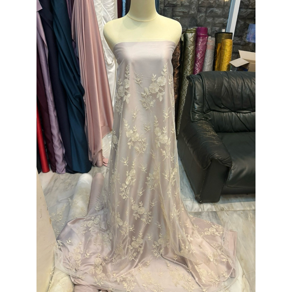 Bahan Kain Brokat Tile Embroidery Autumn Series Motif Bunga Warna Broken white Cream