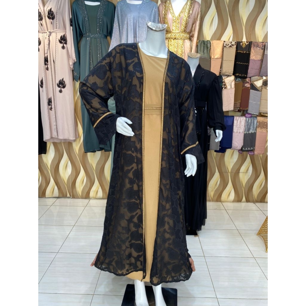 Abaya Dubai Model Inner Outer Motif Bunga Brukat