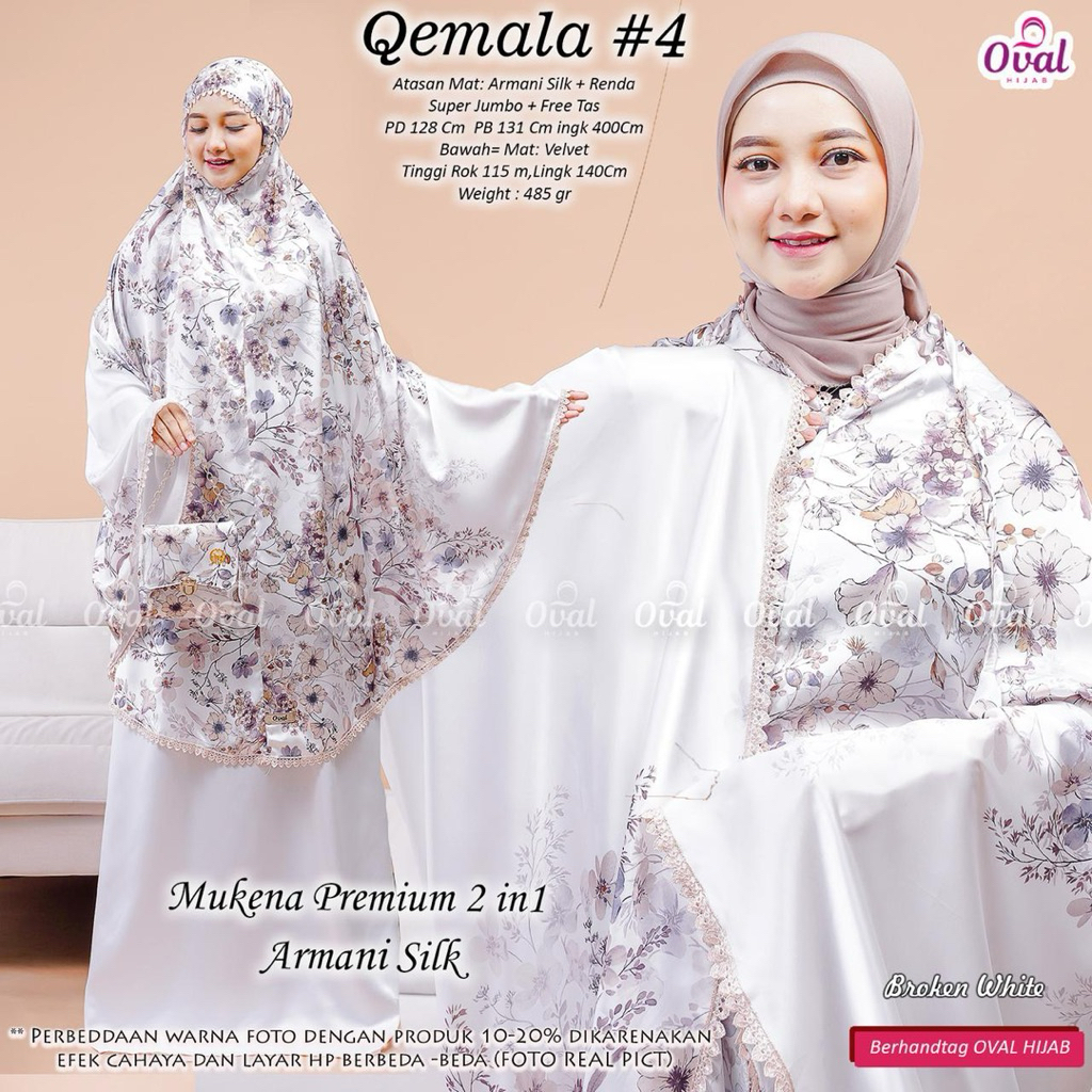 Qemala #4 Mukena Original by Oval Hijab Armani Silk + Renda Super Jumbo Mukena Premium 2in1 Free Tas