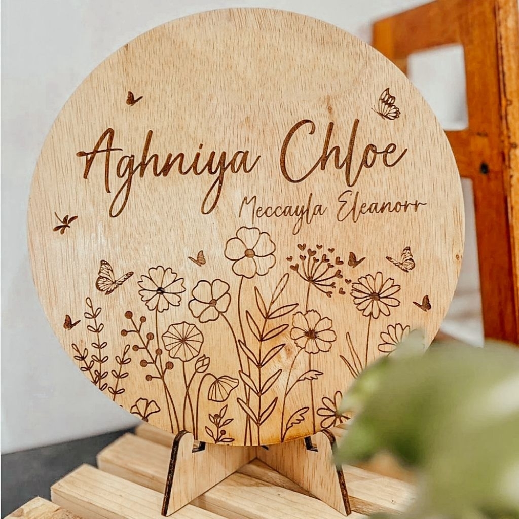 Papan nama easthetic | papan nama kayu motif bunga | papan kayu custom