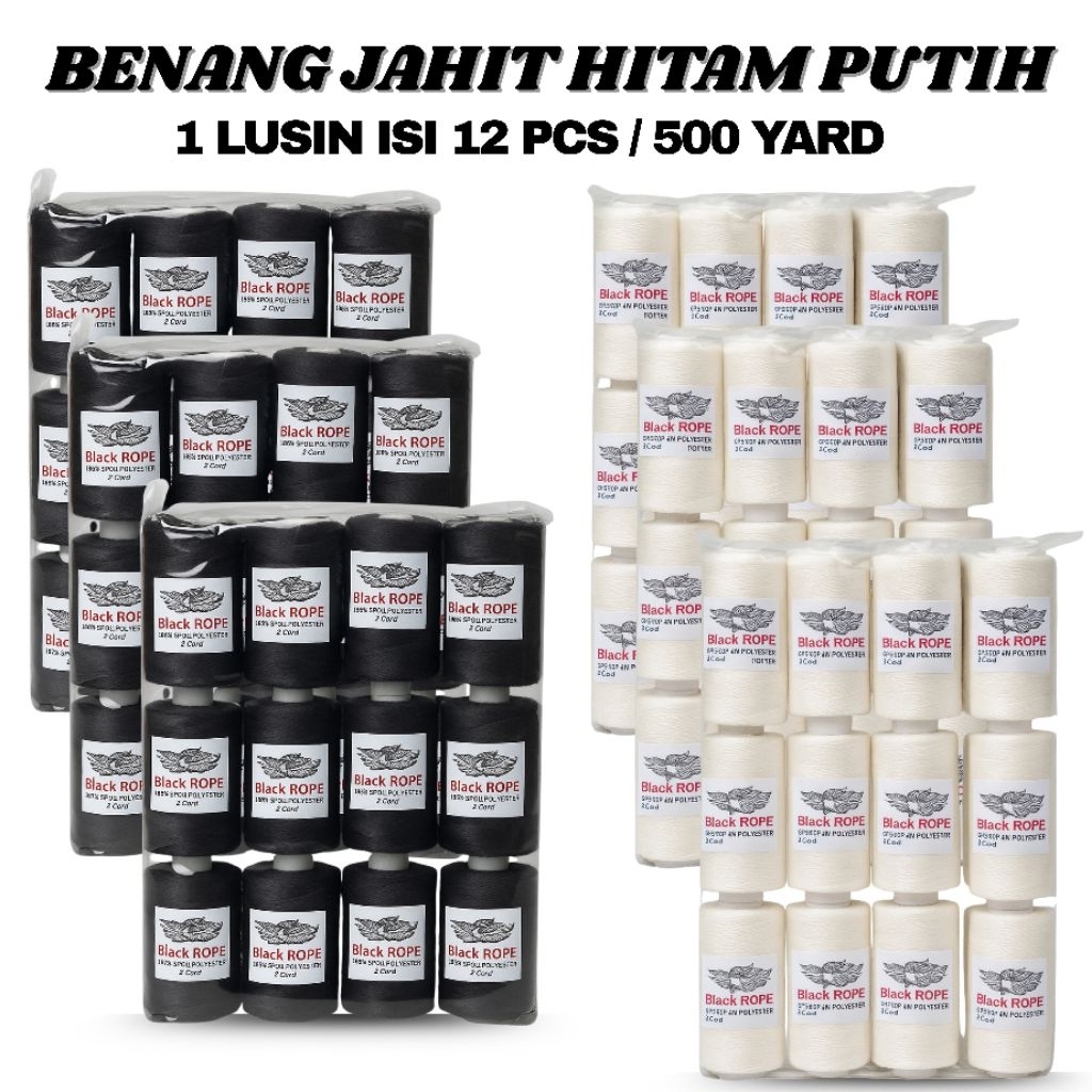 Benang Jahit 500 Yard 1 Lusin Hitam Putih | 12PCS Benang Jahit Black rope Berkualitas