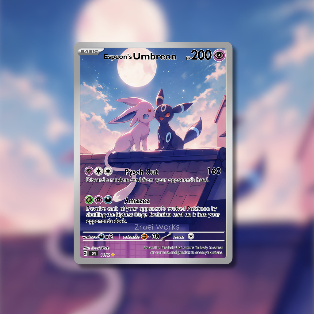 Zraei Works Custom Pokemon Card – Espeon & Umbreon Moonlight | Fan Art Kartu TCG | Kartu Mainan Anak