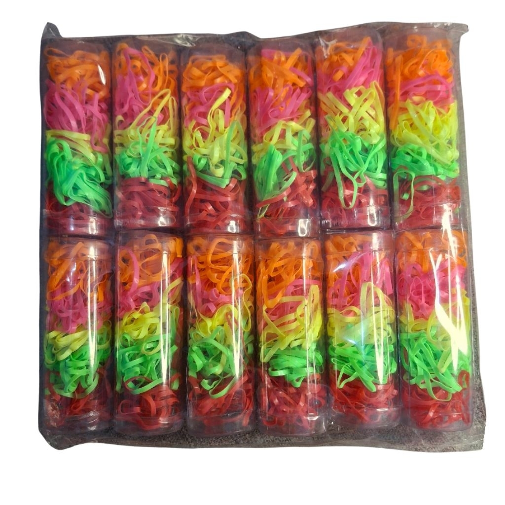 12 Pcs ​Karet Gelang Rambut Warna Neon Tabung (8,5x3 cm) KARET JEPANG TABUNG TOPLES KECIL mika