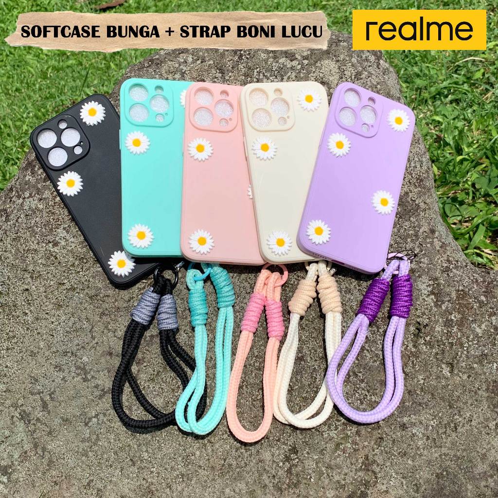 Case Bunga + Strap Boni Lucu FOR REALME NOTE 50 REALME C35 C55 C53 C51S REALME NOTE 60 REALME C65 C6