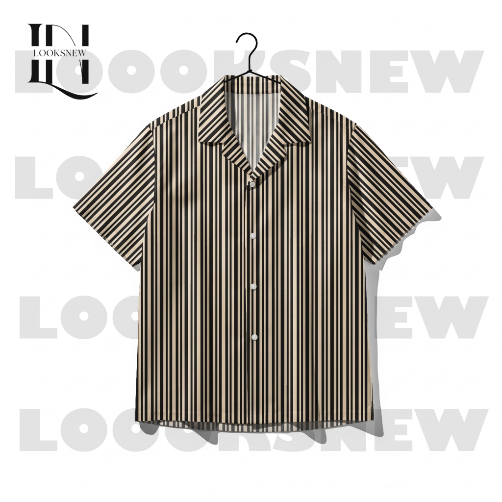 LOOKSNEW Kemeja Pria Lengan Pendek Printing Motif Garis Vertikal Striped Hitam Krem Retro | LN-65