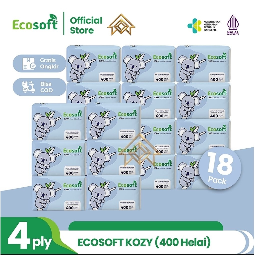 [Paket Bundling 18 Pack] Tisu ECOSOFT KOZY Facial Tissue 4 Ply 400 Helai Tisu Wajah Ultra Premium Le