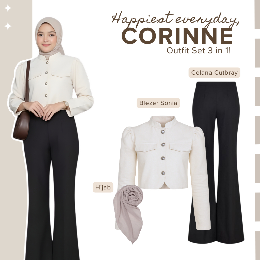 One Set Wanita Kekinian 3in1 (Celana Cutbray + Blezer Sonia + Hijab Bella) ootd Formal Clean AMO76