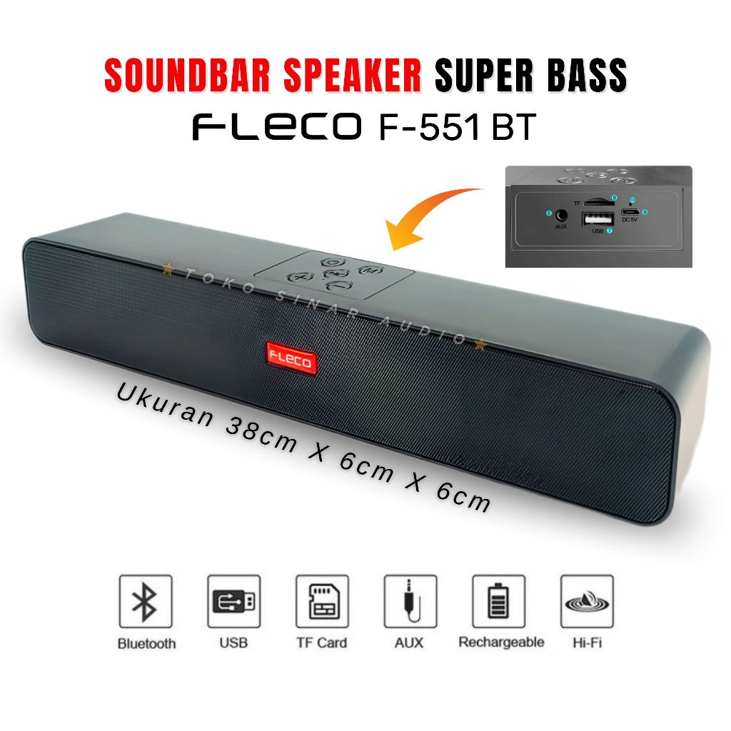 Soundbar Bluetooth Speaker Super Bass Wired Wireless Fleco F-551 BT Play Music Support BT/USB/TF CAR