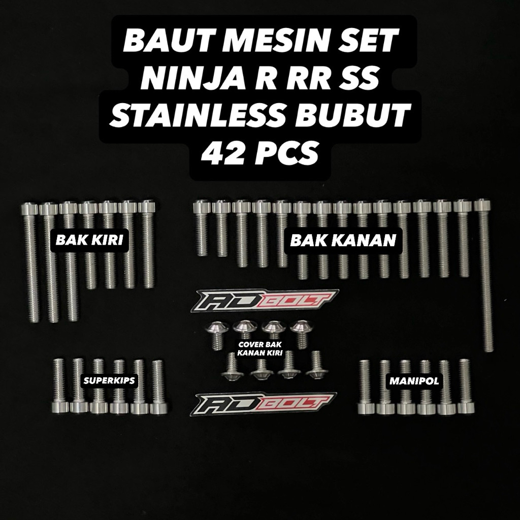 BAUT MESIN NINJA R RR SS SET FULLSET 42PCS STAINLESS STENLIS BUBUT CUSTOM MODEL TITAN TITANIUM
