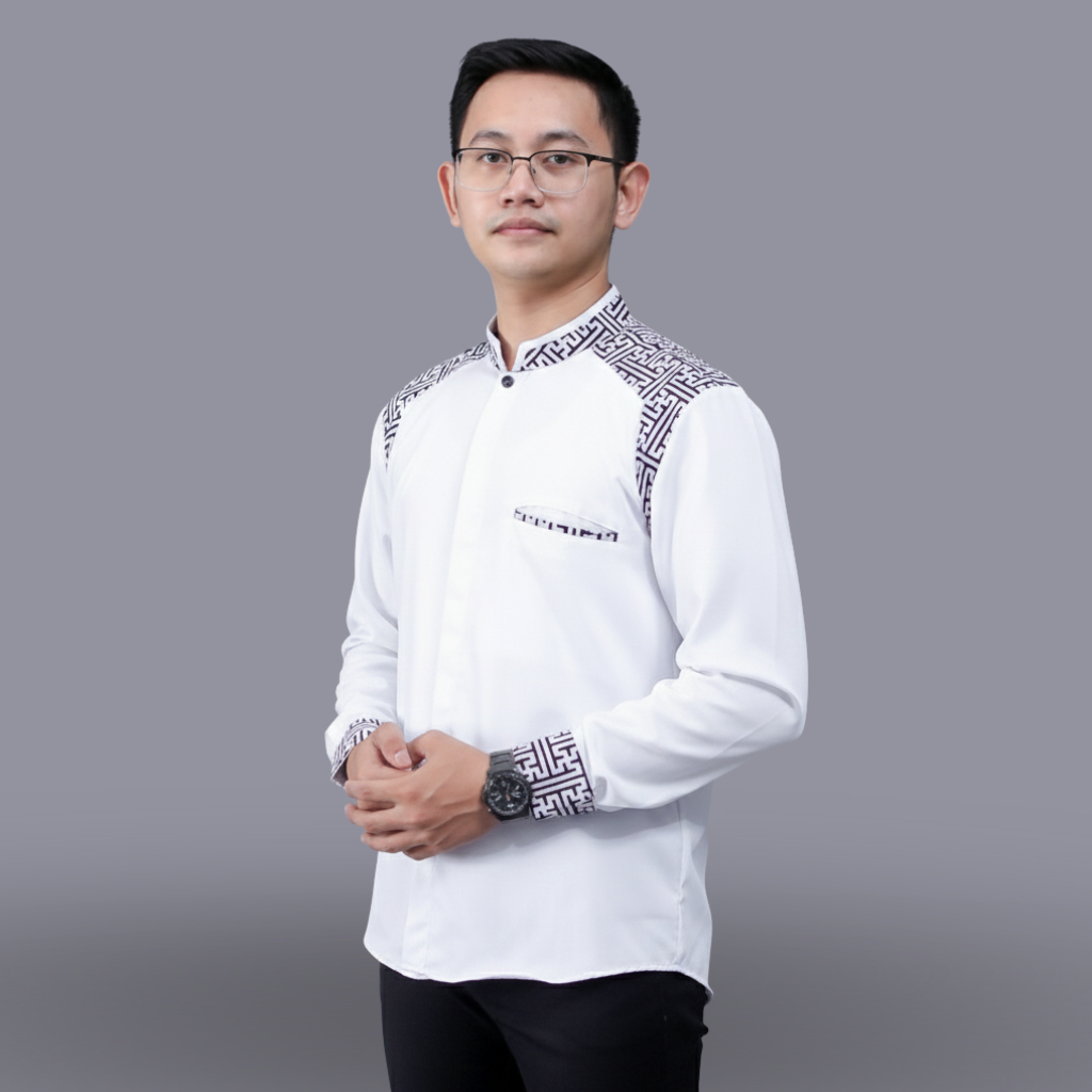 Baju Koko Pria Dewasa Elrumi Lengan Panjang Kombinasi Batik Warna Putih List Hitam Bisa COD