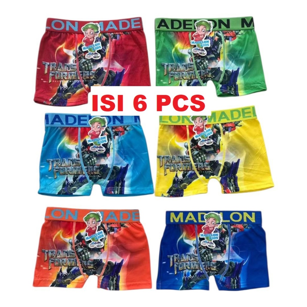 6pcs Boxer Anak Cowok MADELON Karet Pinggang - Dalaman Segiempat Laki-laki Bahan Katun Nyaman Dipake