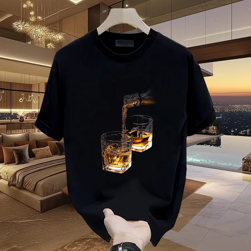 *COD* Kaos Katun Combed Leher Bulat Ukuran Besar Pria Musim Panas Motif Gelas Anggur Pria & Wanita