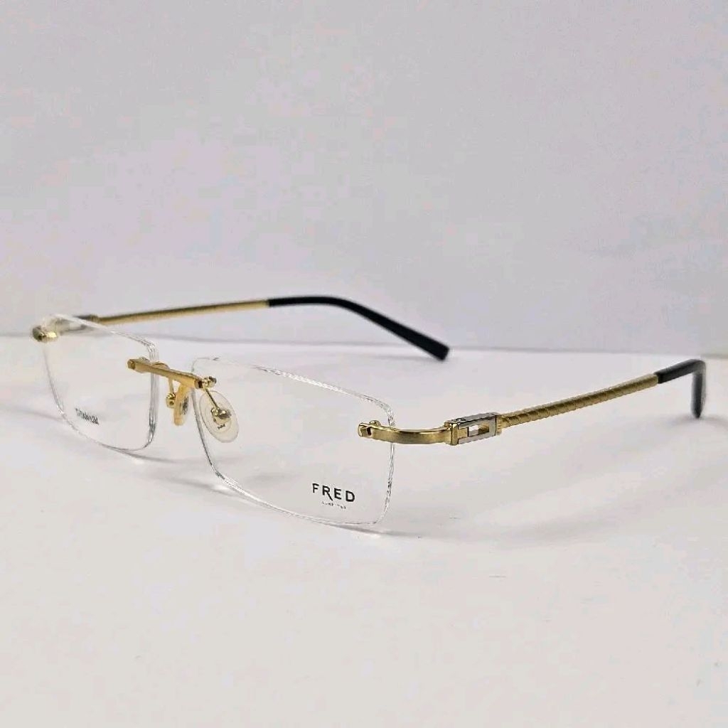 frame kacamata pria wanita elegan kotak fred frameless bor titanium FLB44083 gold bisa lensa Bluecro