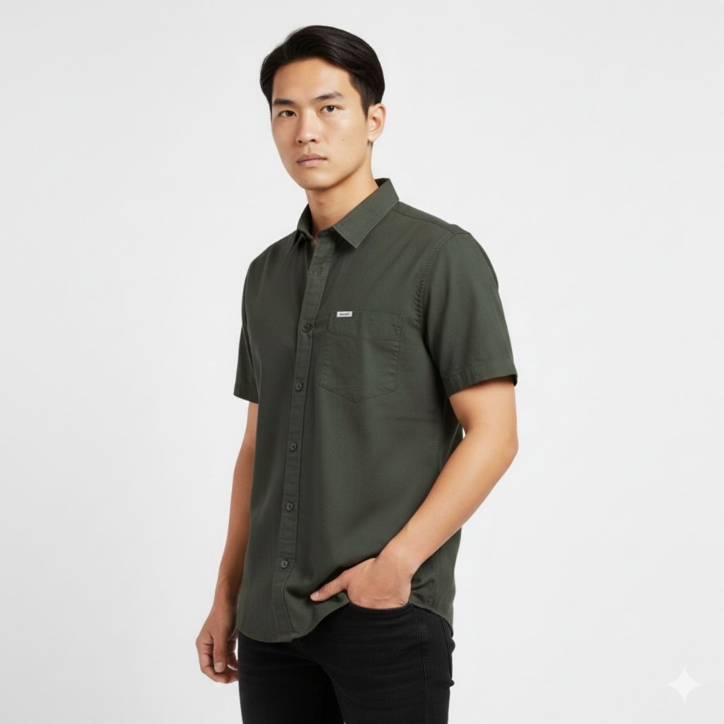 Kemeja Wrangler Pria Lengan Pendek Original Premium Quality Baju Atasan Cowok Hijau Olive Tangan Pen