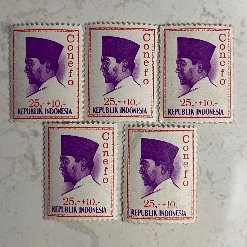 [Set 5 Lembar] Perangko Indonesia Kuno 25+10 Rupiah Soekarno CONEFO Tahun 1965 Mint - Stamp