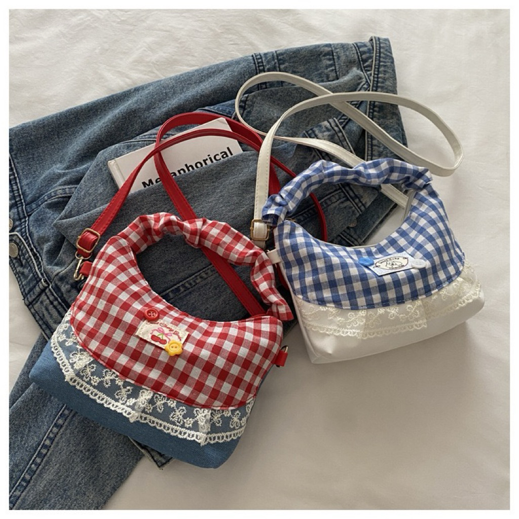 TAS HANDBAG SELEMPANG CROSSBODY NORA KAIN GINGHAM KOTAK-KOTAK RENDA GAYA VINTAGE COTTAGOCORE