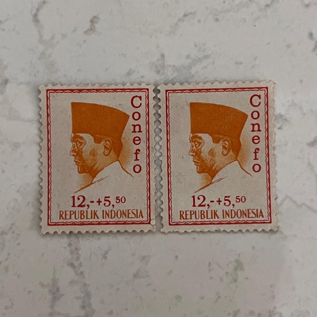 [Set 2 Lembar] Perangko Indonesia Kuno 12.5+5.5 Rupiah Soekarno CONEFO 1965 Mint - Stamp