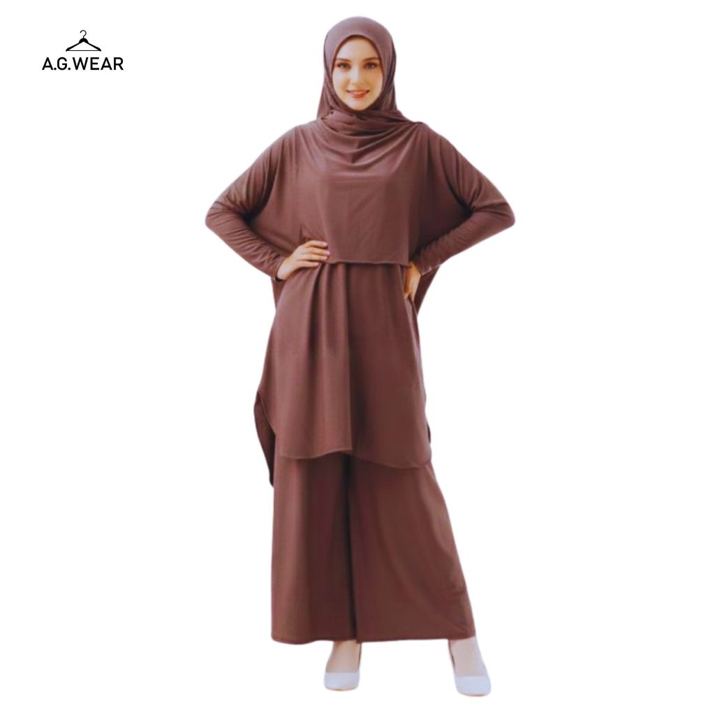 Set Syakiera Oneset 4 In 1 Panjang Perempuan | Tunik Modis Panjang + Celana Kulot + Kaftan Malaya Mo