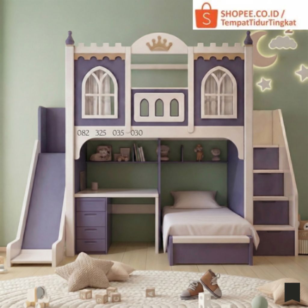 Tempat Tidur Istana Anak Perempuan , Ranjang Tingkat Meja Belajar Kayu Solid