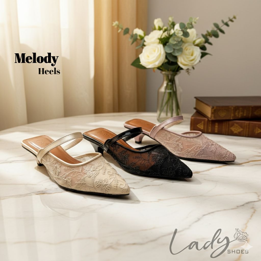 LADYSHOES MELODY Sandal Wanita Elegan Heels Brokat Jaring Selop Kekinian Pesta Nikahan Wisuda