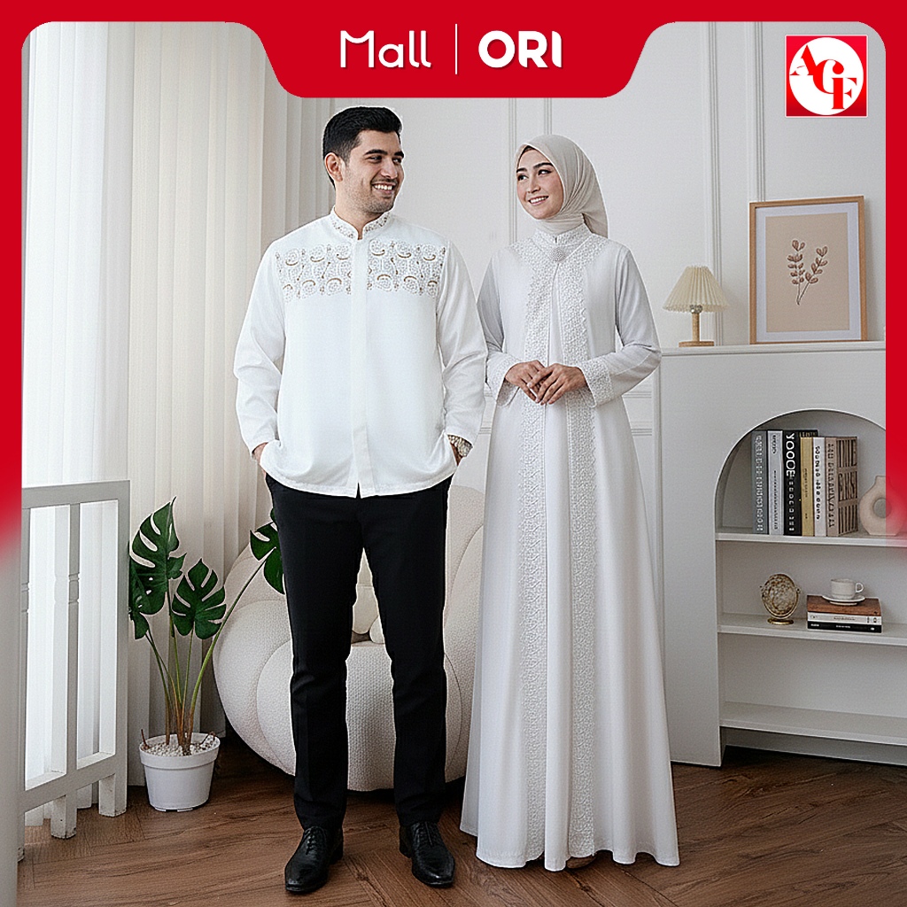 Agnes Hijab | Gamis Putih Simple Elegan 2026 Terbaru Pasangan Set Couple Baju koko Sarimbit Kemeja P