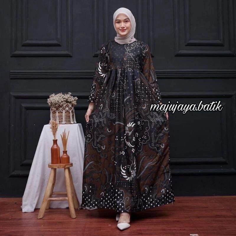 Gamis Batik Modern Resleting Baju Batik Dress Wanita Muslimah Model Pesta Elegan Jumbo Kondangan G3