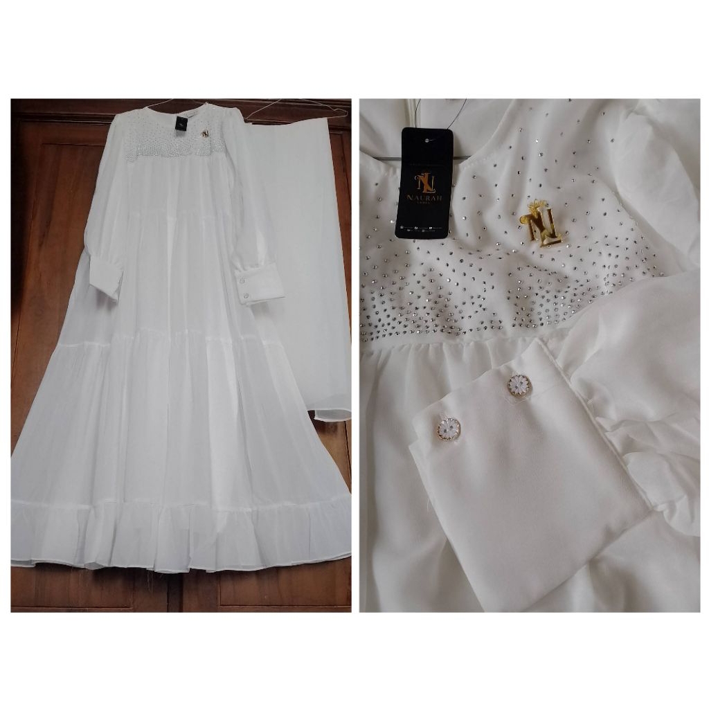 gamis putih ceruty armani set pasmina ld 120 pb 135