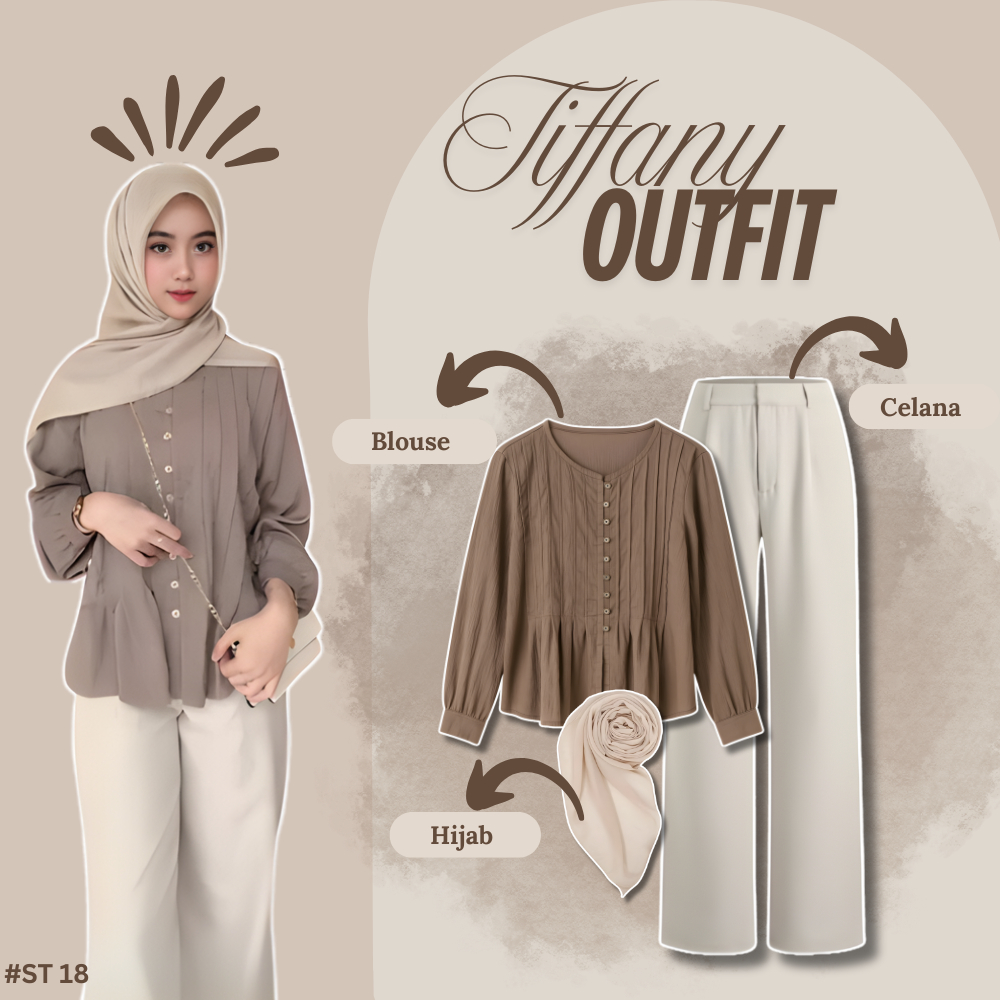 One Set Kekinian 3IN1 | Tiffany Blouse, Celana Jennie, Hijab Bella | Outfit Remaja -ST18