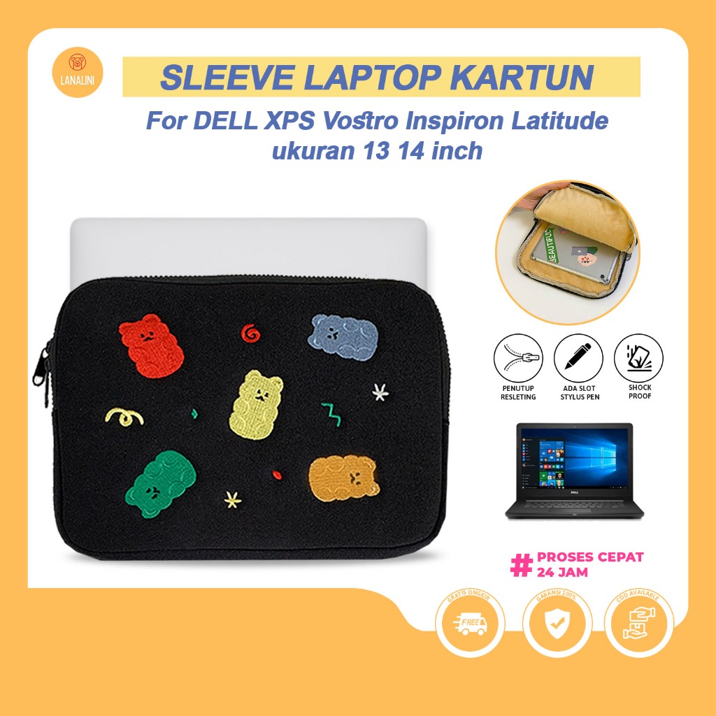 Tas Laptop Warna Hitam Motif Kartun Beruang Bear Colorfull Sleeve Case Dell Vostro XPS Inspiron Lati