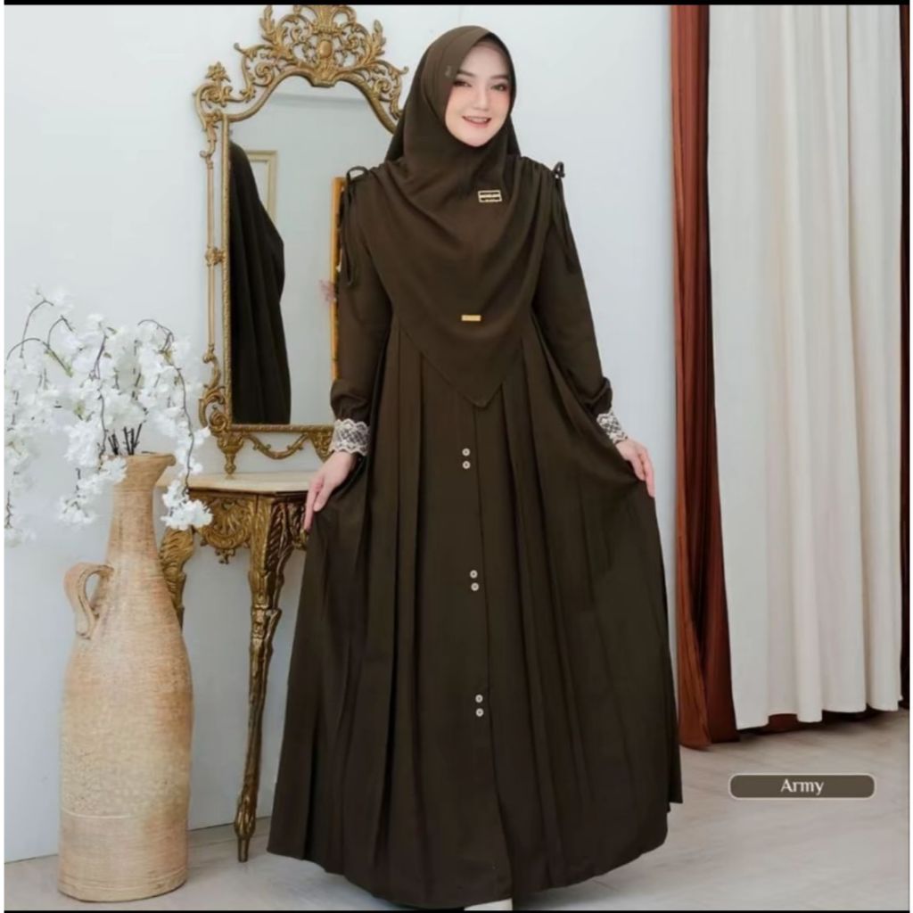 Mawadah Syar'i Gamis Set Syar'i Hijab Antem Serut Baju Wanita Bahan Crinkle airflow Premium Busana M
