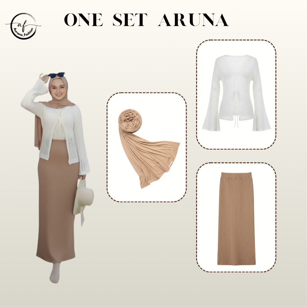 OneSet Wanita 3in1 Outfit Pantai Terbaru Outer Cardi Jaring Jaring Rok Knit Pashmina Kaos Topi Panta