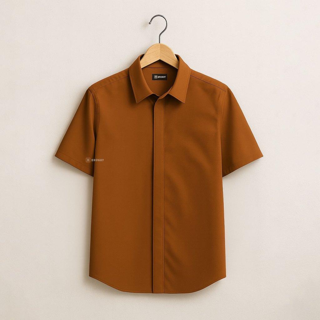 BROGUY Kemeja Zipper Pria Simple Lengan Pendek - Caramel