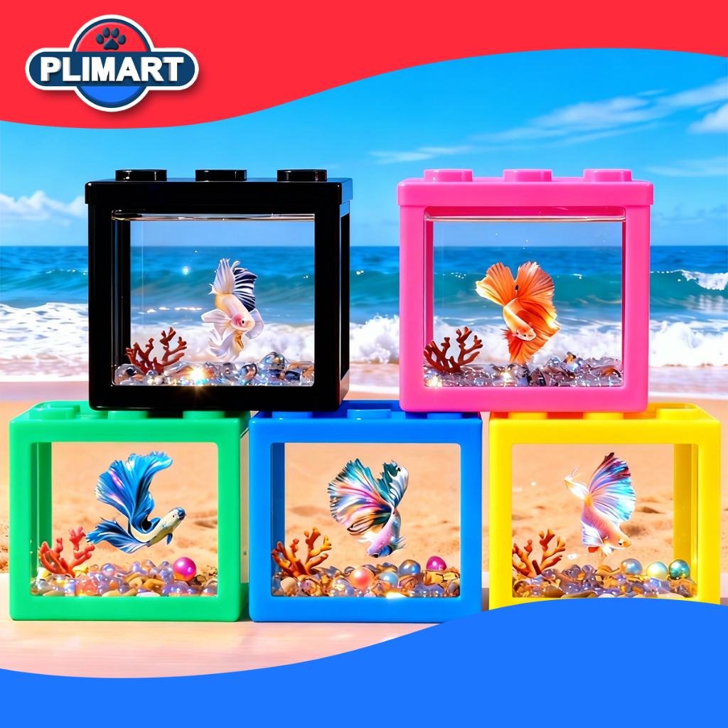 Aquarium Mini Color Full Set Estetik Gift Full – Tank Ikan Cupang + Dekorasi Aquascape Pink Kuning H