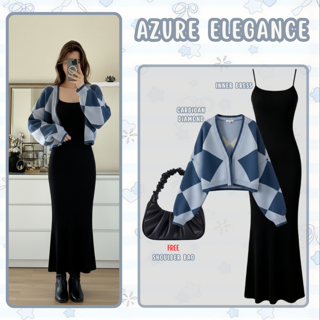 One Set Korean Style - Inner Dress Span Hitam & Cardigan Diamond | Outfit Remaja Kekinian