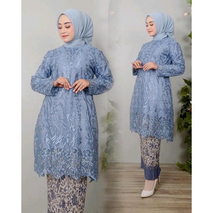 [JEHOVAH] Setelan Kebaya Tunik Tille Modern, Setelan Kebaya Aneka Warna Rok Plisket Warna Denim Sete
