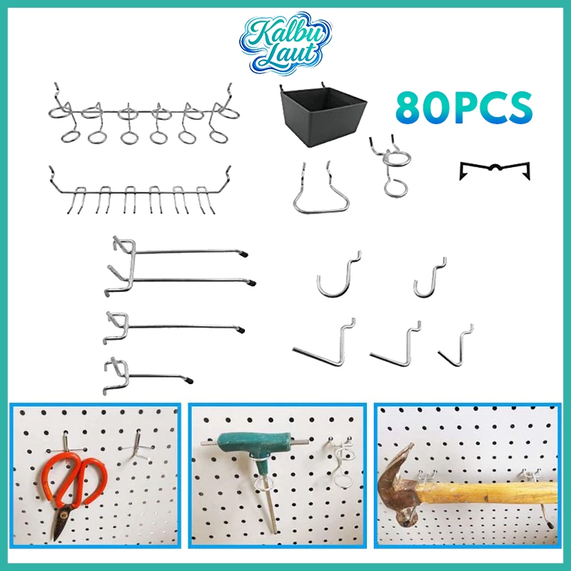 Set 80pcs Pegboard Hook Dan Aksesoris Untuk Rak Dinding Penyimpanan Perkakas Bengkel Salon Industri