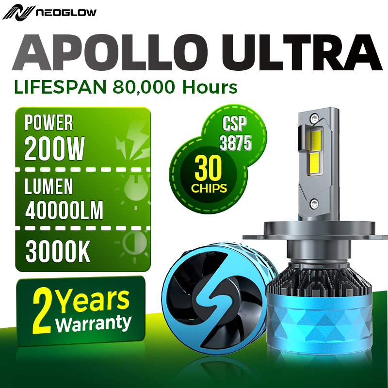 NeoGlow Apollo Pro Lampu mobil kuning 200W 40000LM 3000K H4 H11 LED Lampu Mobil Lampu Depan LED Lamp