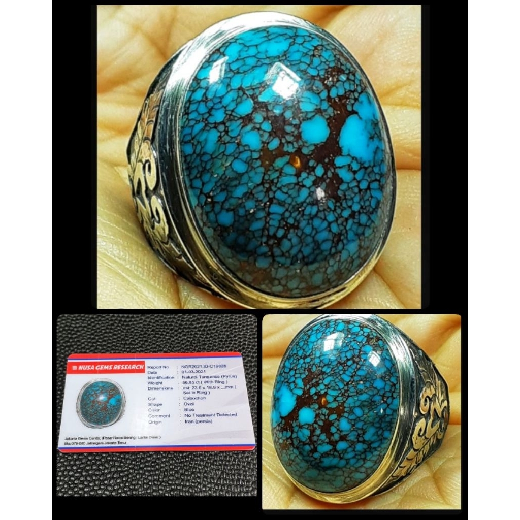 original batu pirus persian iran jumbo ceplok + ring perak