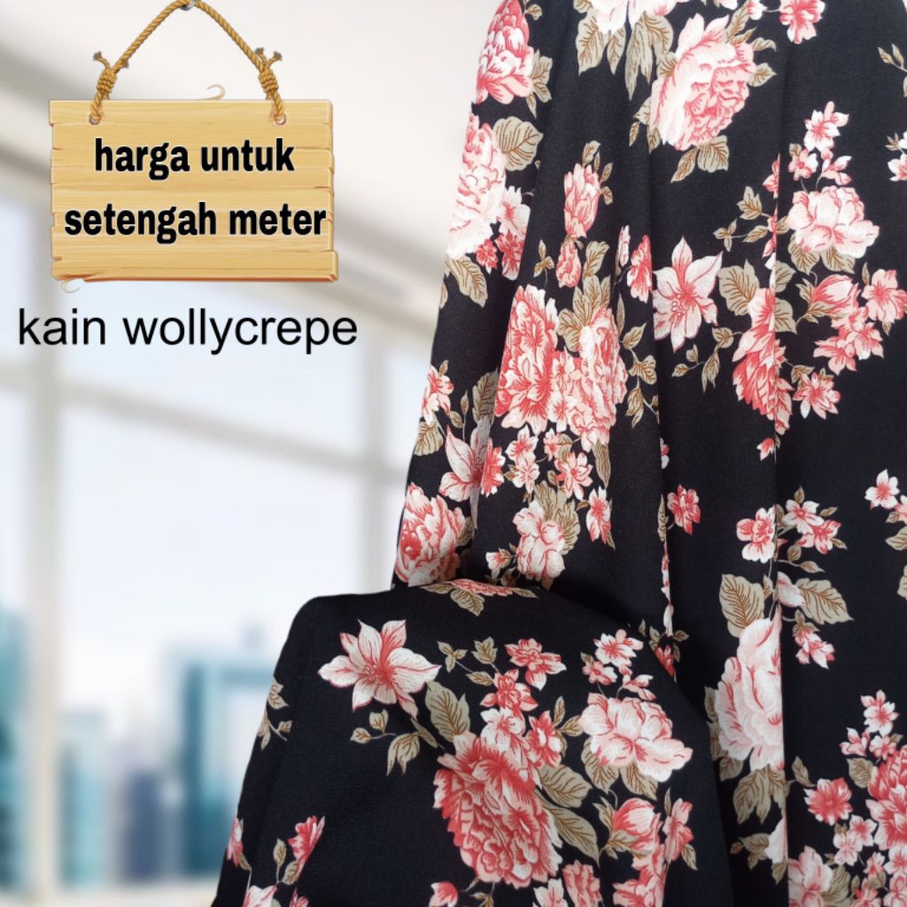 Kain Wollycrepe Motif Bunga Dasar Hitam Terbaru