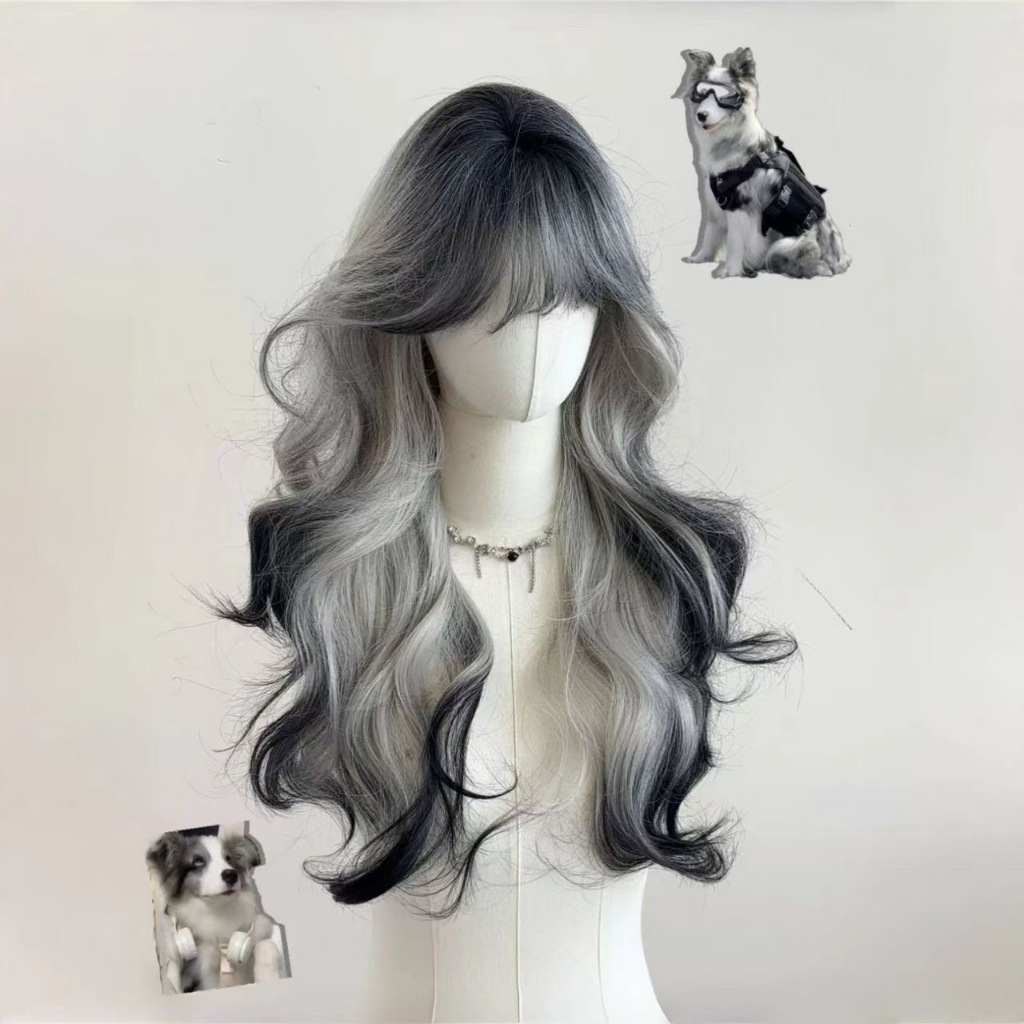 Wig Rambut Lurus Hitam Highlight Warna untuk Cosplay Modern