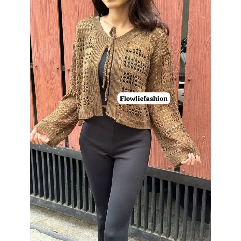 Arumi Outer crop cardigan jaring Knitwear tali Atasan wanita