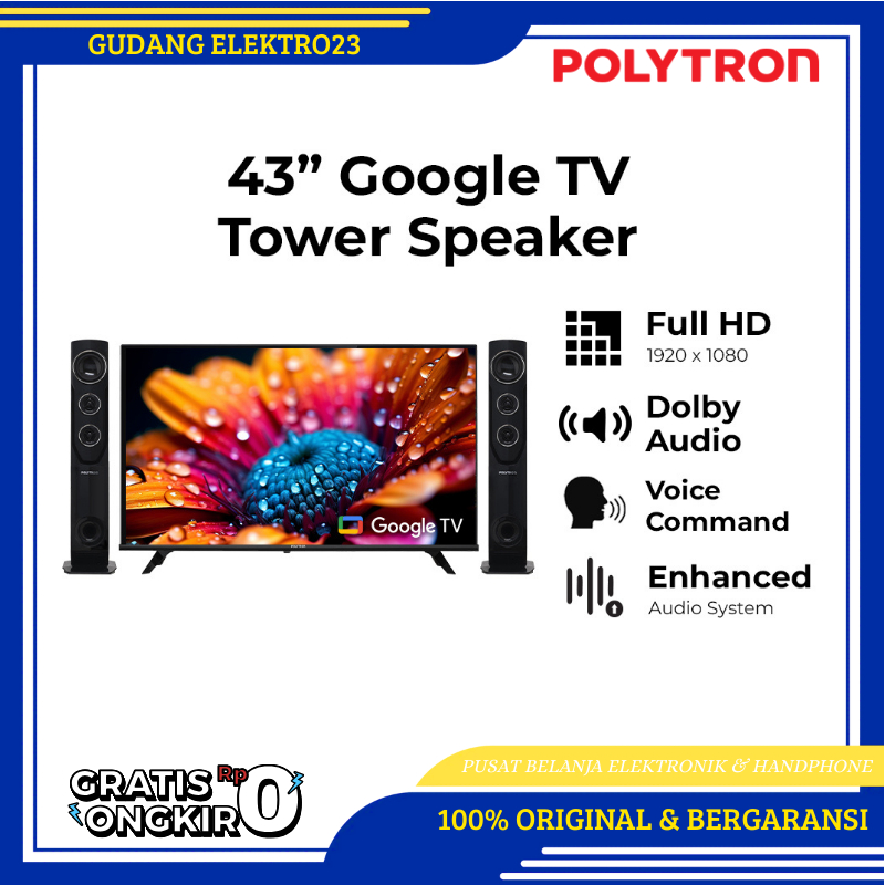 TV POLYTRON Smart Cinemax Google TV 43 inch 43TG5055 speaker tower garansi resmi